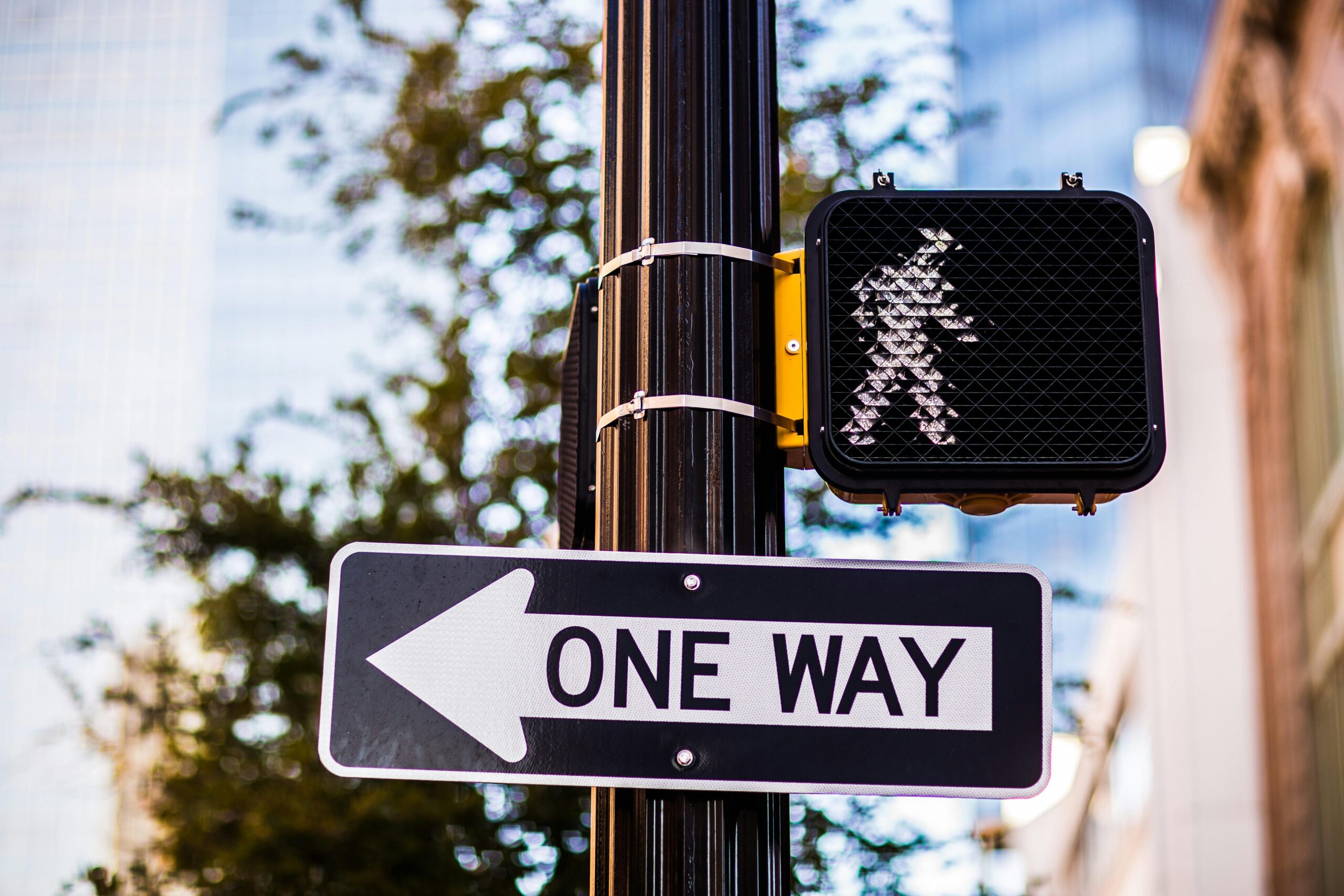 Urban one way street sign and pedestrian crossing light, daytime city scene.